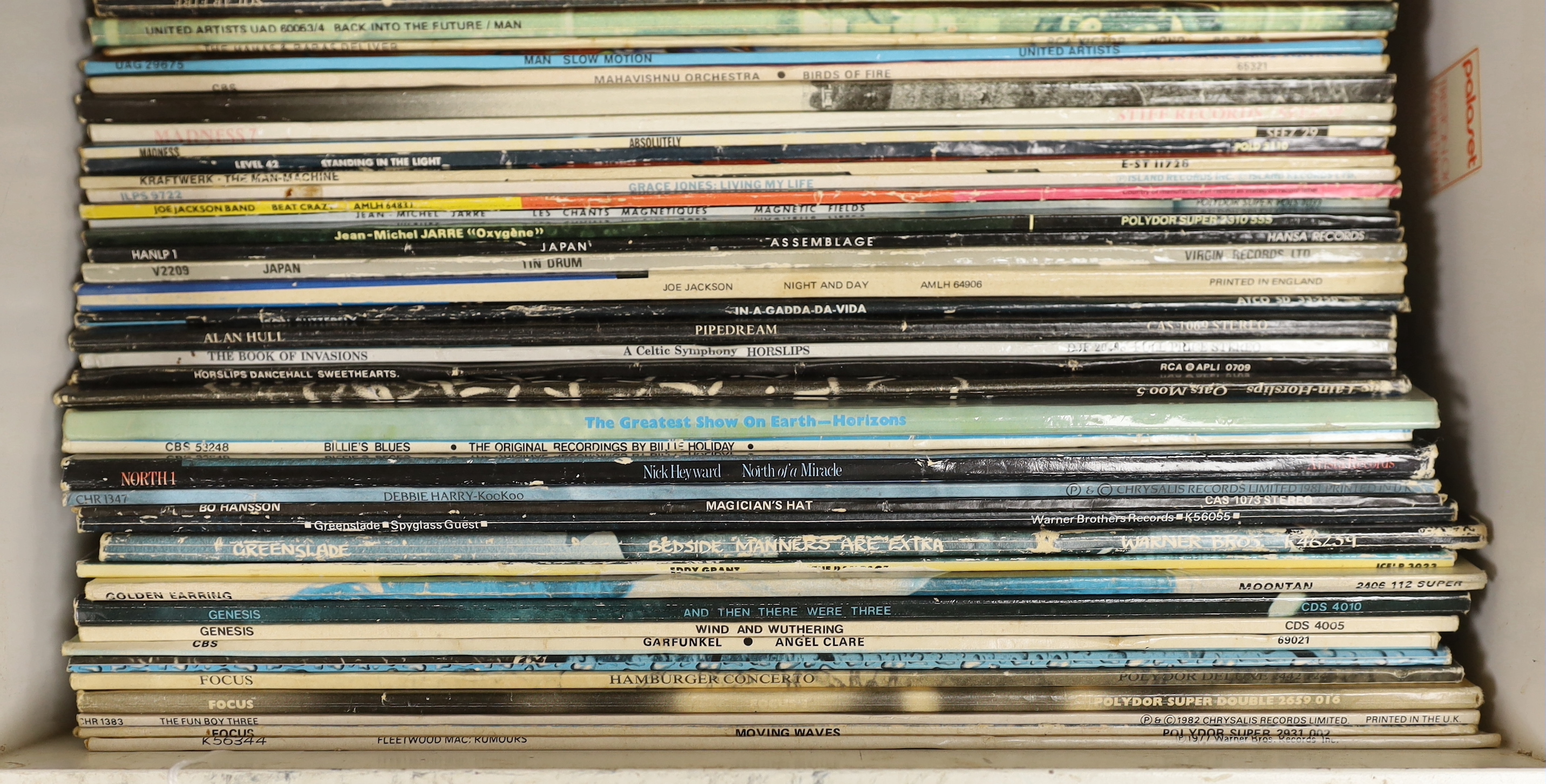 Forty-two LP record albums, artists including; Fleetwood Mac, Focus, Genesis, Debbie Harry, Jean-Michel Jarre, Level 42, Manfred Mann, etc.